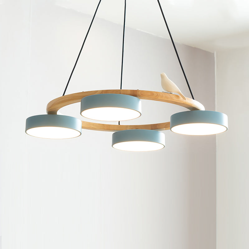 Nature-Inspired Bird Chandelier Round Wooden Frame with LED