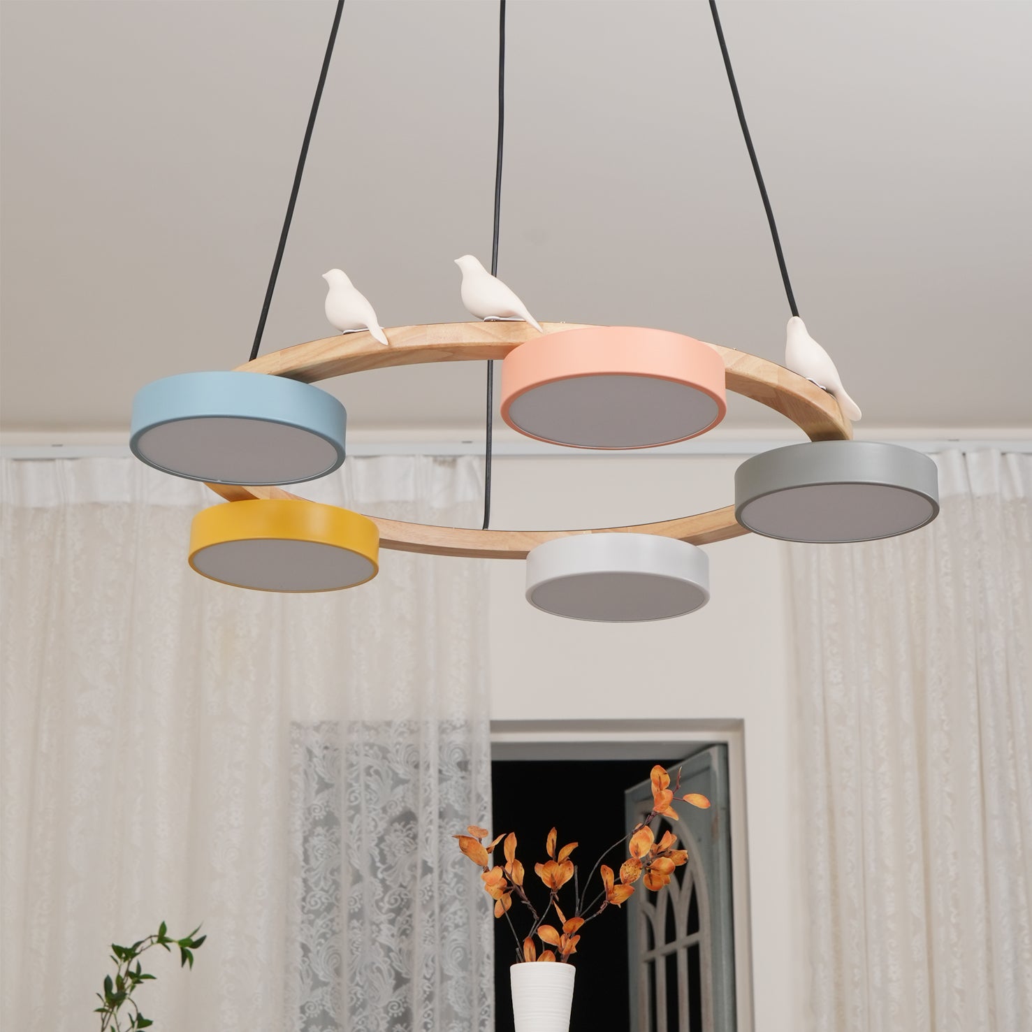 Nature-Inspired Bird Chandelier Round Wooden Frame with LED