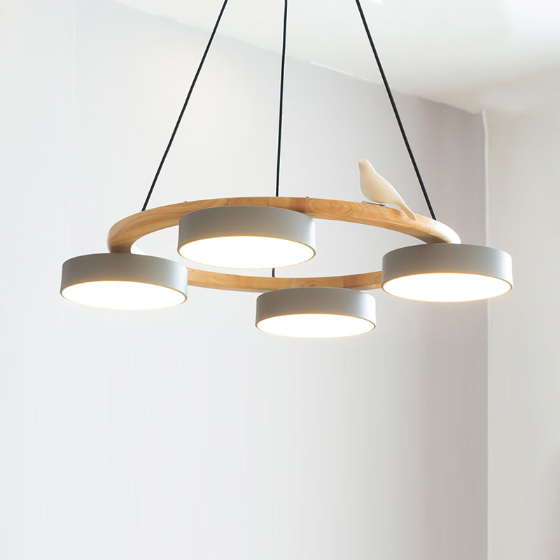 Nature-Inspired Bird Chandelier Round Wooden Frame with LED