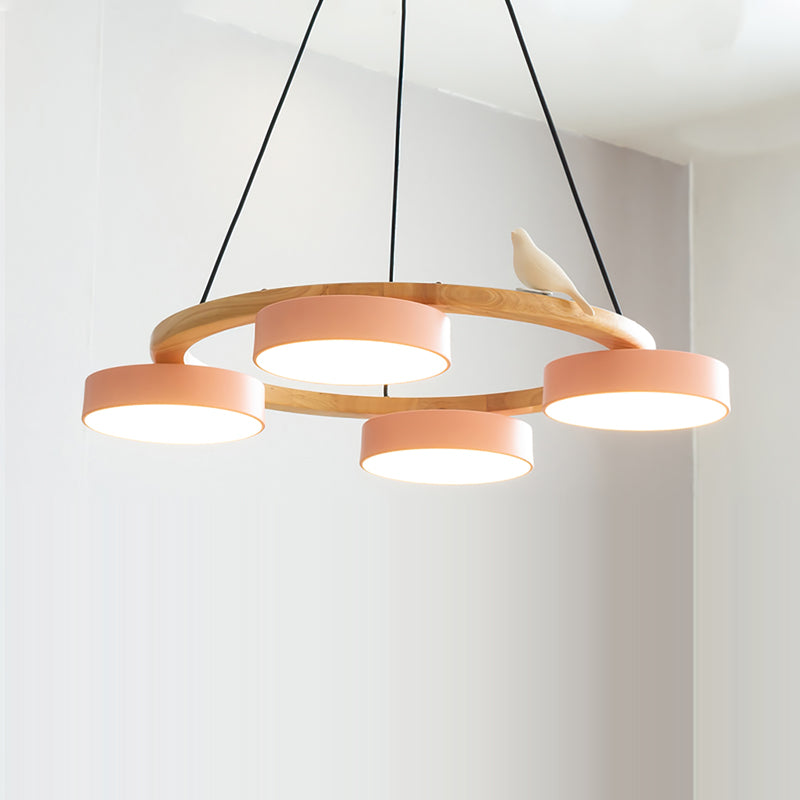 Nature-Inspired Bird Chandelier Round Wooden Frame with LED