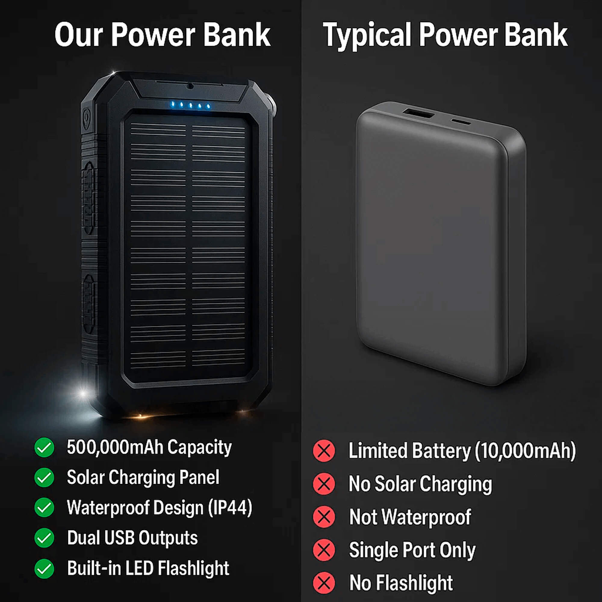 20000mAh Solar Power Bank Waterproof Portable Dual-USB Charger