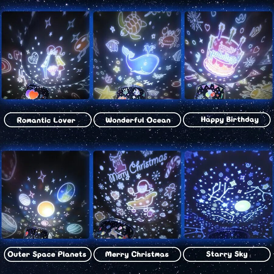 Children’s Rotating Starry Sky Bedside Lamp with 6 Light Effects