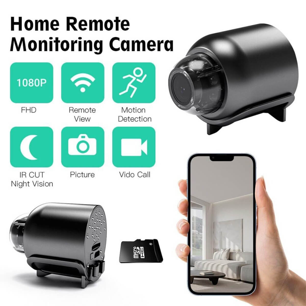 Compact HD Surveillance Camera Wide-Angle Night Vision WiFi