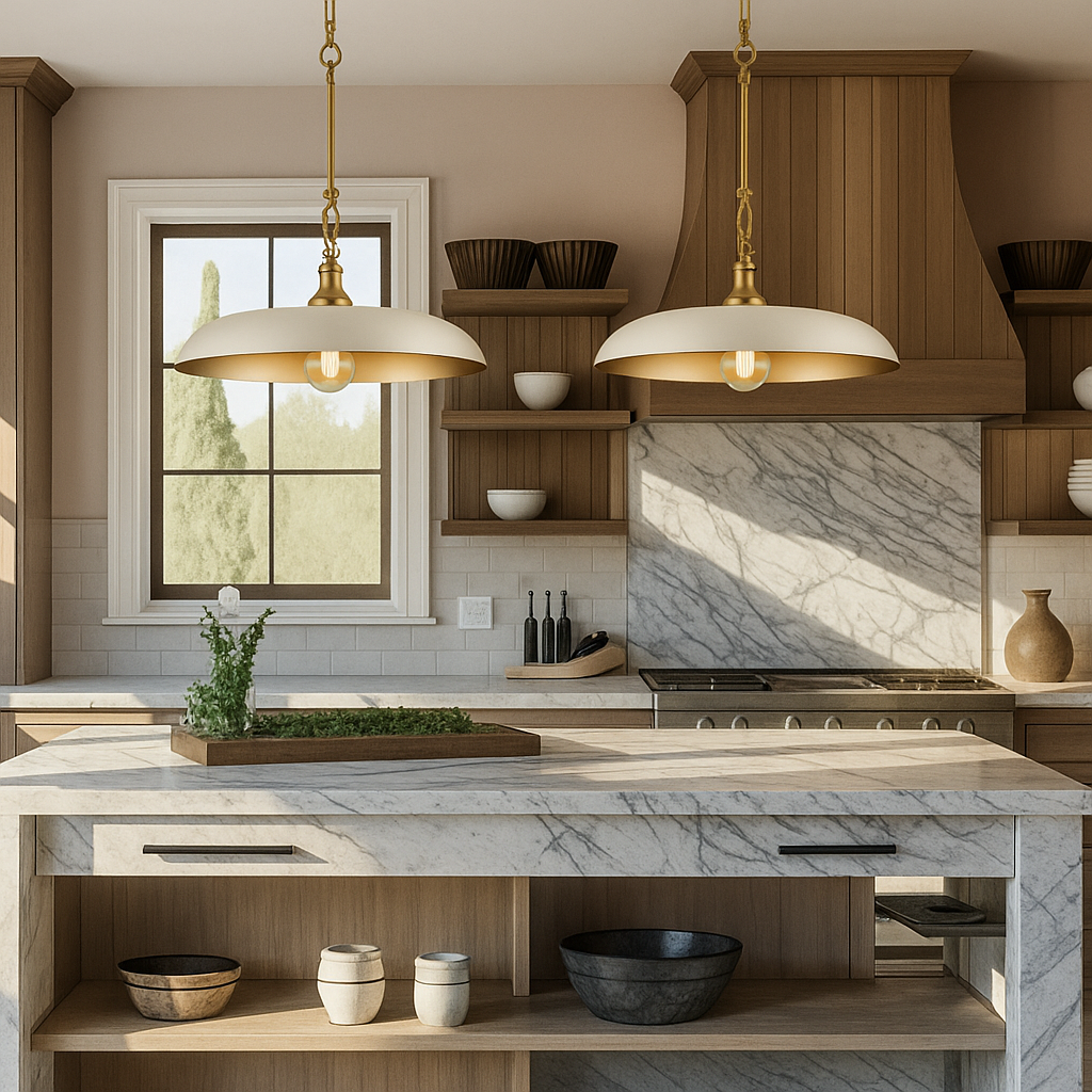 Sadie pendant lamp with shallow dish shade and chain suspension