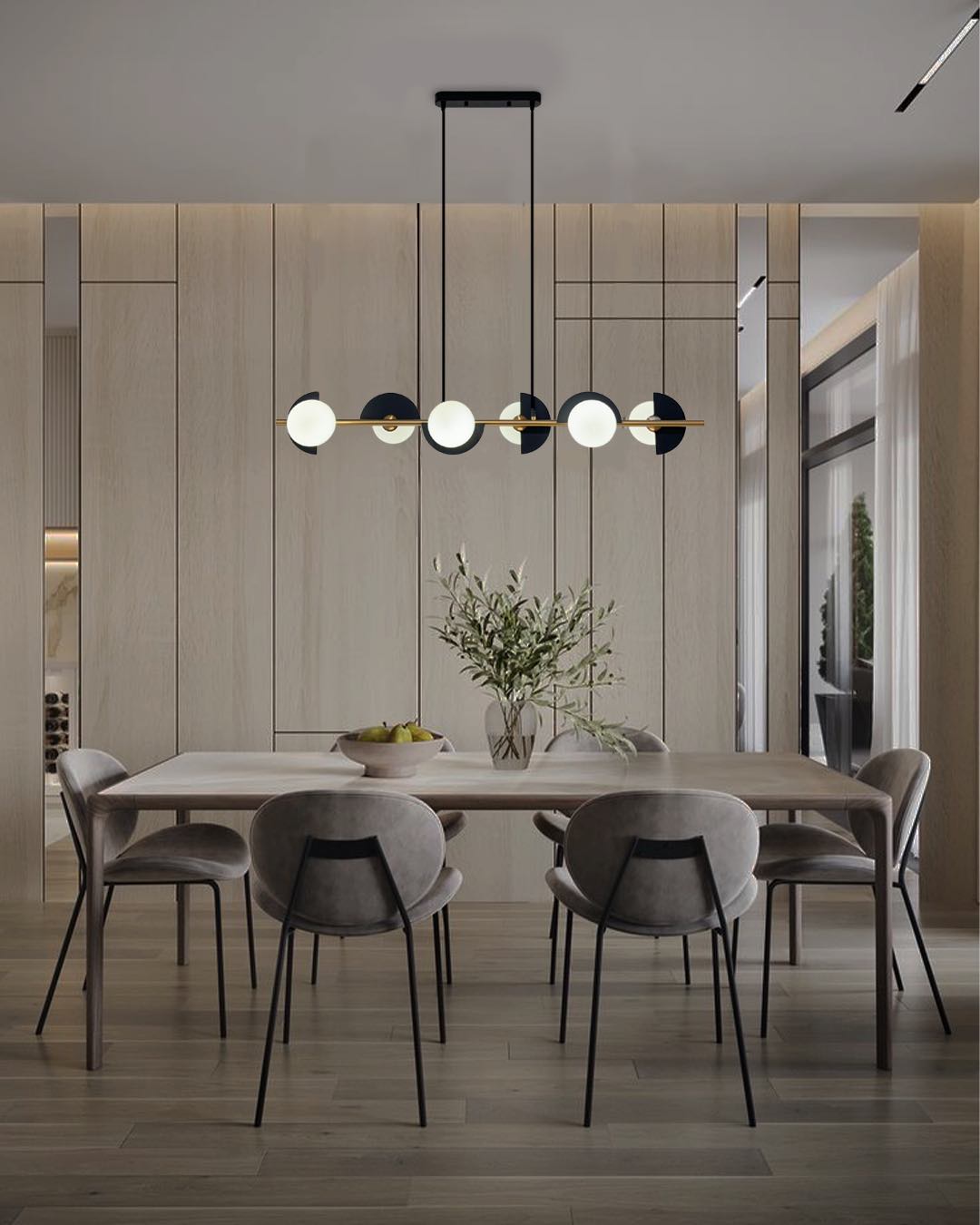 Caelum linear pendant lamp with graphic sphere accents