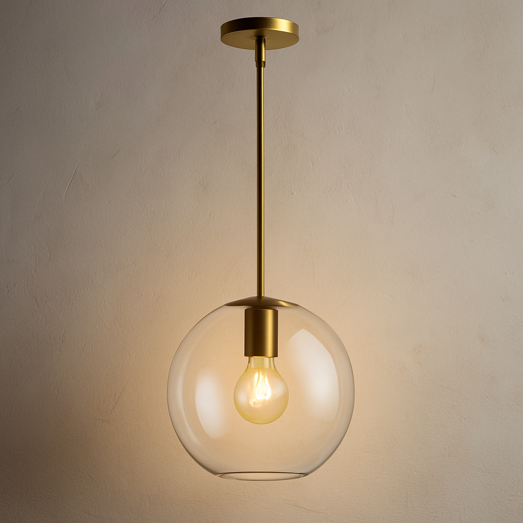 Pendant lamp with glass globe and brass-colored fitting