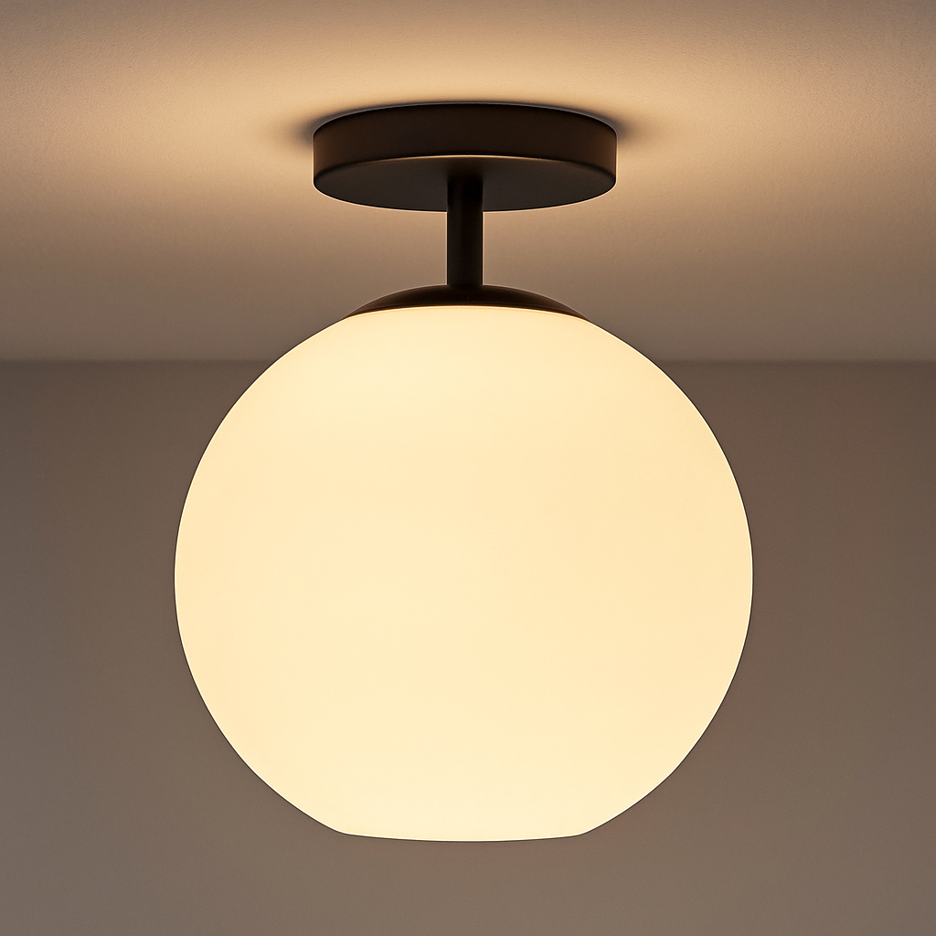 Ceiling lamp with opal glass globe and black frame