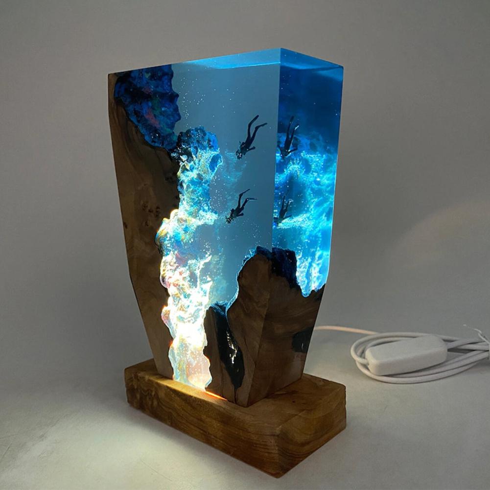 Ocean depth diving lamp in resin and wood