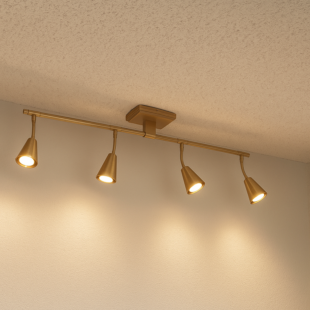 Brushed brass ceiling spotlight with four adjustable light heads