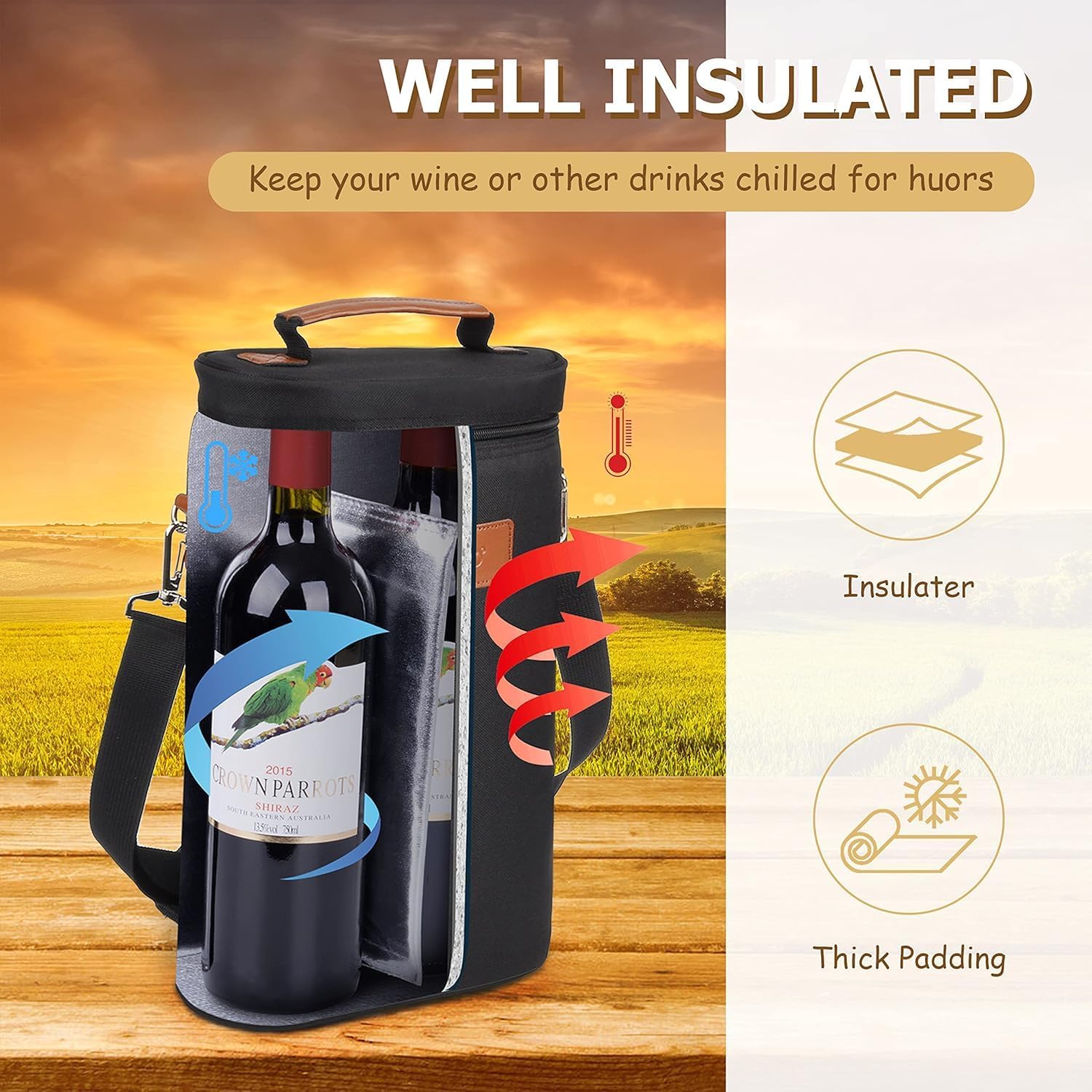 Insulated Two-Bottle Wine Carrier Bag for Picnics, Trips and Gifting