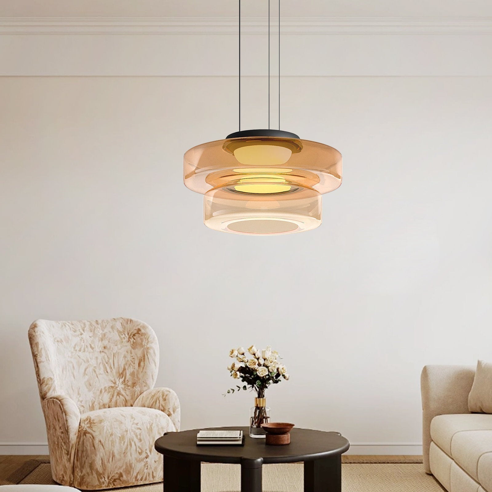Layered Glass Living Room Pendant Light with Modern Halo Design