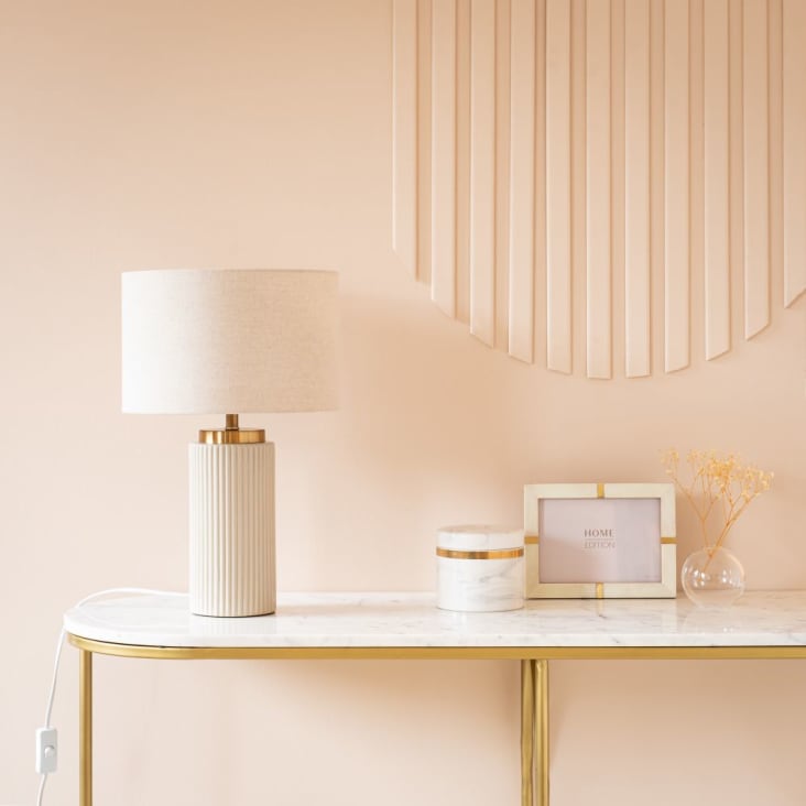Vigo Table Lamp of Ceramic with Ribbed Texture and Fabric Shade