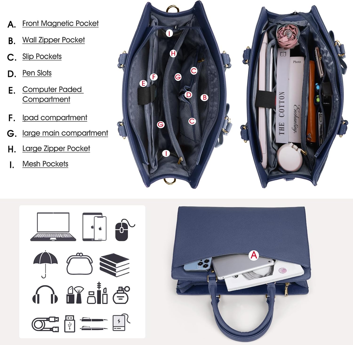 Women’s Work Laptop Tote Bag with Organised Multi-Compartment Layout