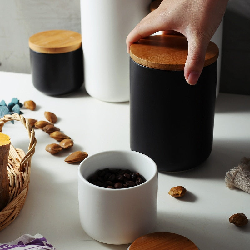 Modern Ceramic Kitchen Jar with Wooden Lid Airtight Food Storage