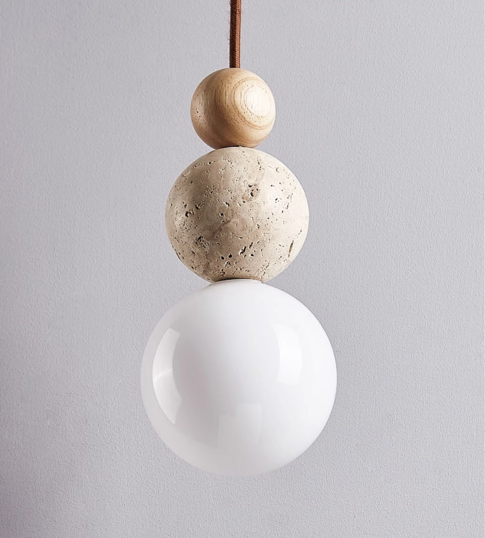 Pendant Light Rustic Stone and Wood Design
