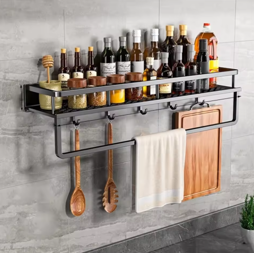 Sleek Kitchen Wall Organizer Compact Storage Shelf with Towel Holder