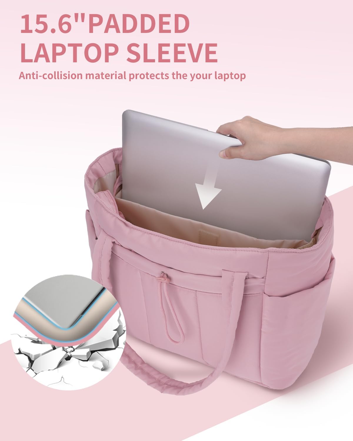 Quilted Tote Bag with Tumbler Holder and Padded Laptop Sleeve