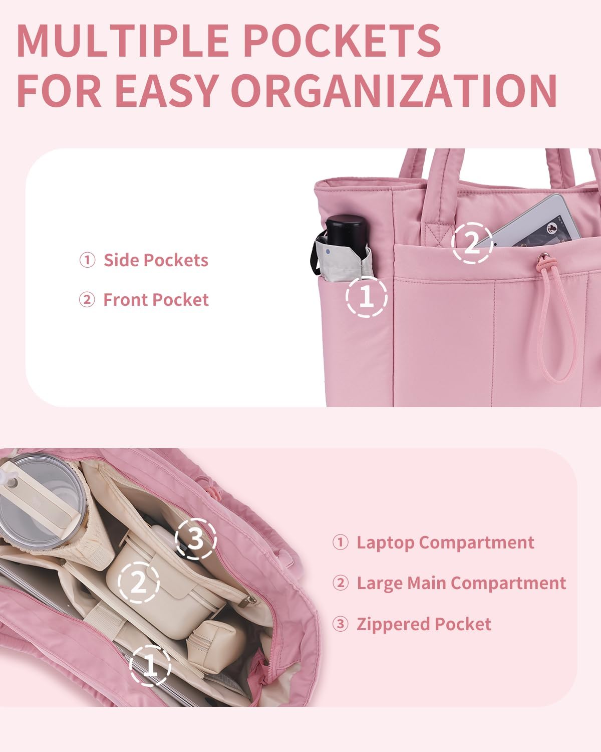 Quilted Tote Bag with Tumbler Holder and Padded Laptop Sleeve