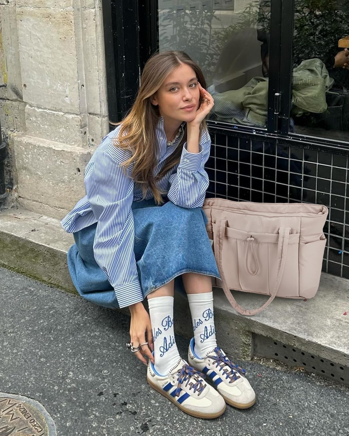 Quilted Tote Bag with Tumbler Holder and Padded Laptop Sleeve