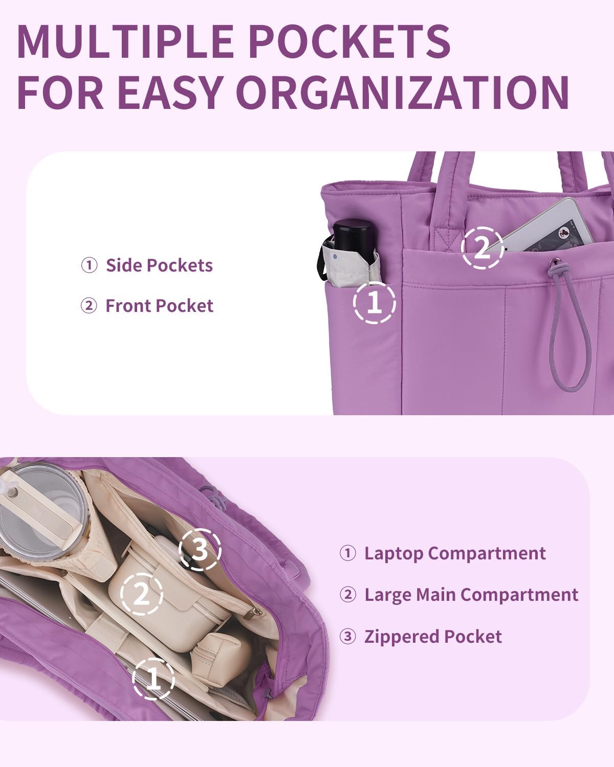 Quilted Tote Bag with Tumbler Holder and Padded Laptop Sleeve