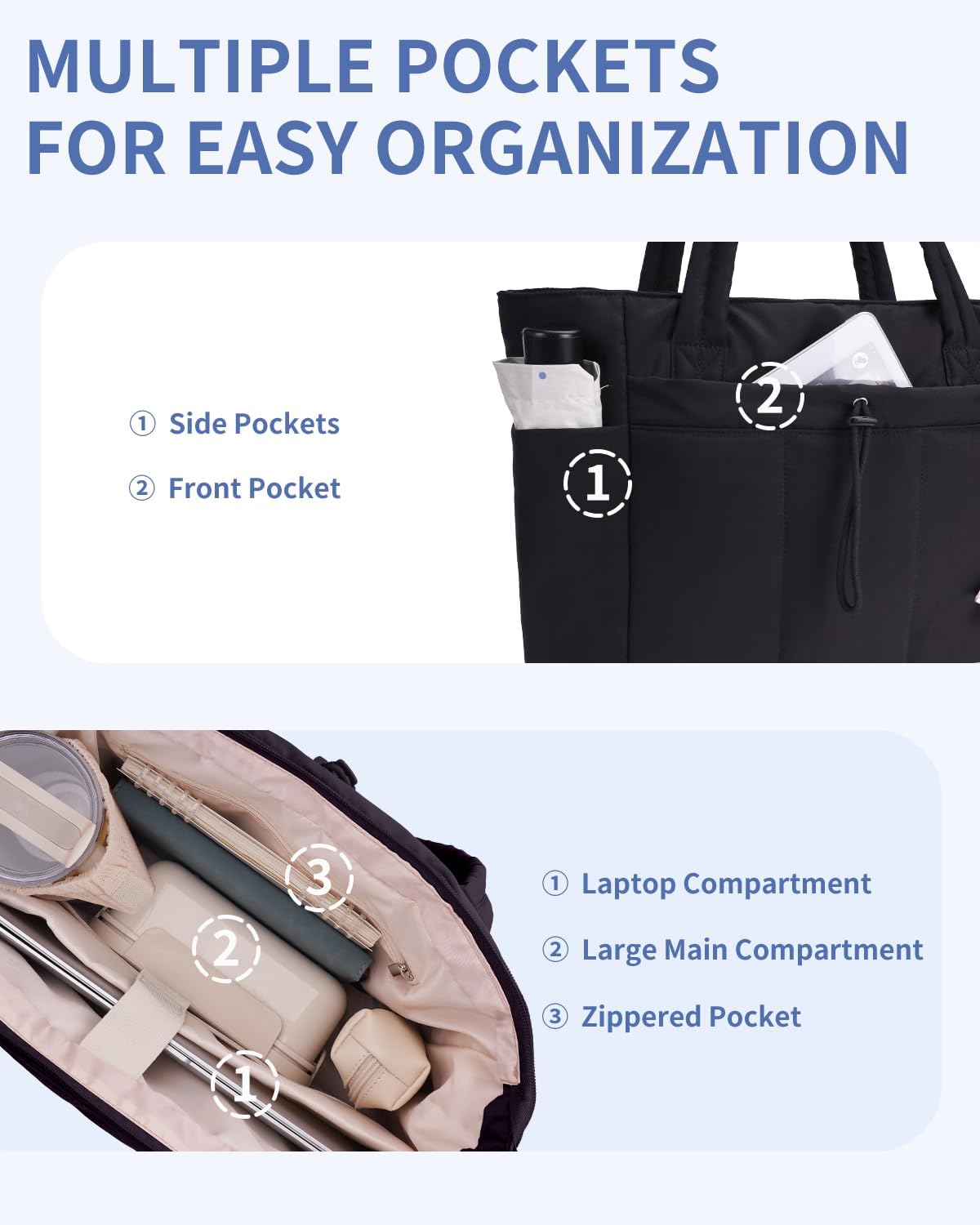 Quilted Tote Bag with Tumbler Holder and Padded Laptop Sleeve