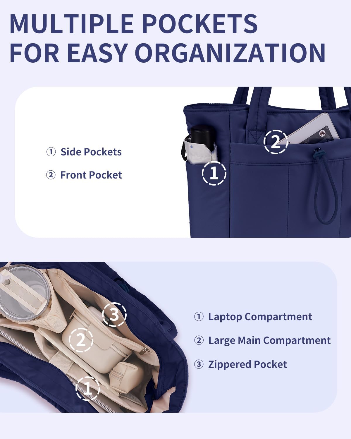 Quilted Tote Bag with Tumbler Holder and Padded Laptop Sleeve