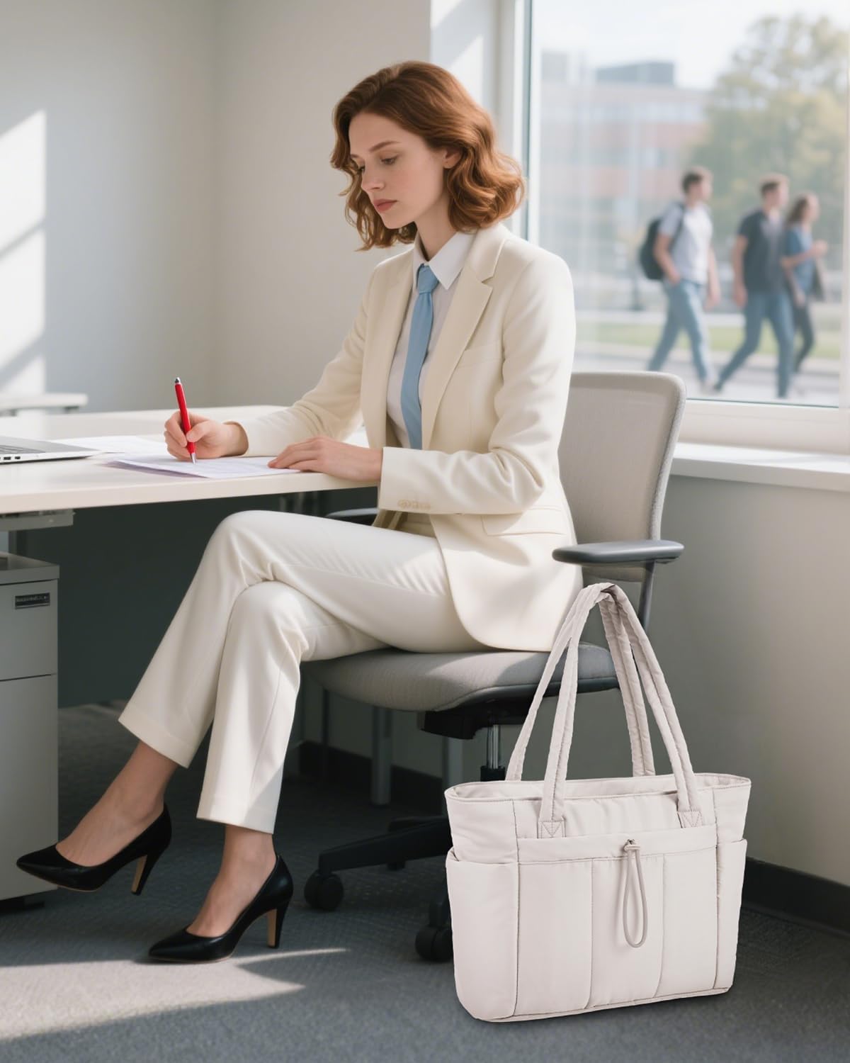 Quilted Tote Bag with Tumbler Holder and Padded Laptop Sleeve
