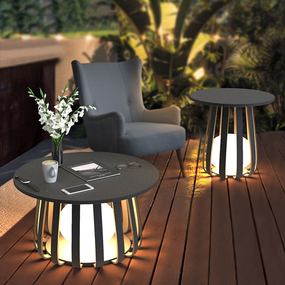 Black Solar Floor Lamp with Table Design – Metal Outdoor Lighting