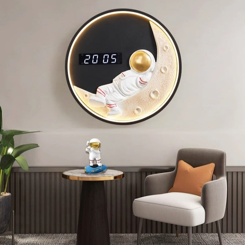 Futuristic LED Wall Light Moon & Astronaut Design with Integrated Clock