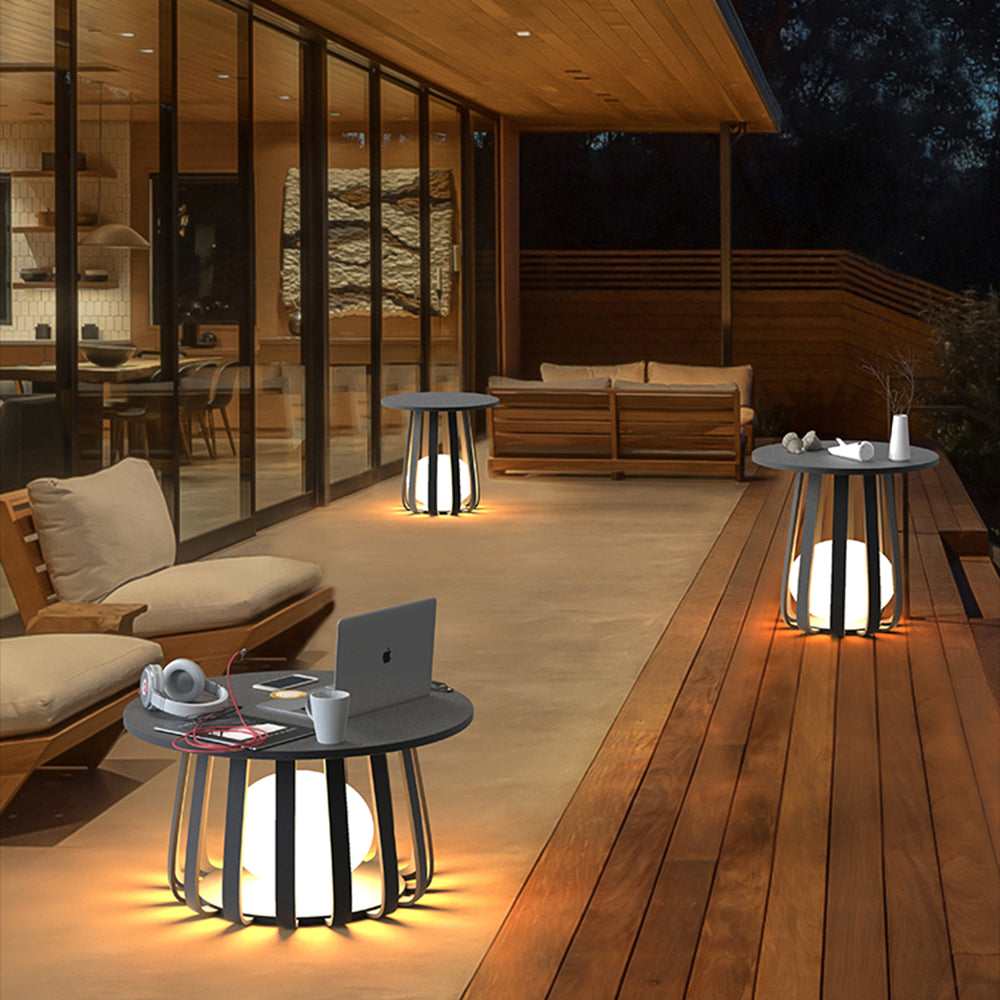 Black Solar Floor Lamp with Table Design – Metal Outdoor Lighting