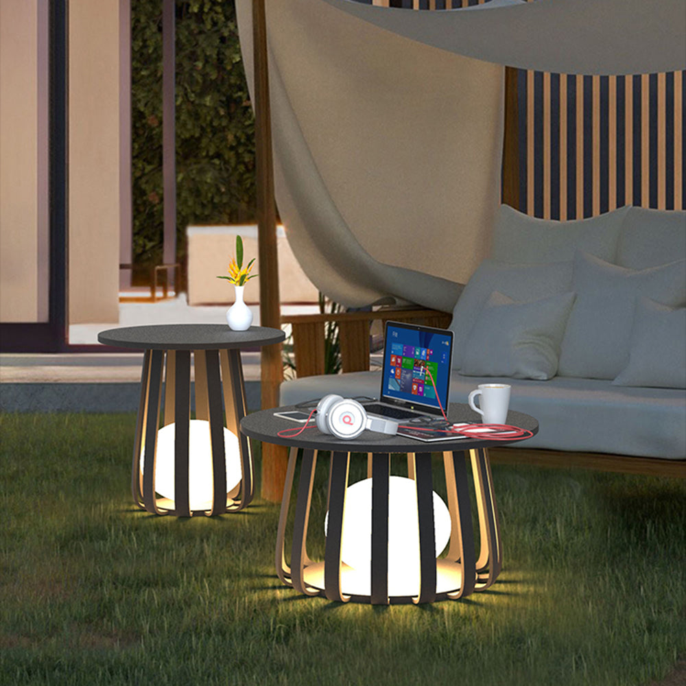 Black Solar Floor Lamp with Table Design – Metal Outdoor Lighting