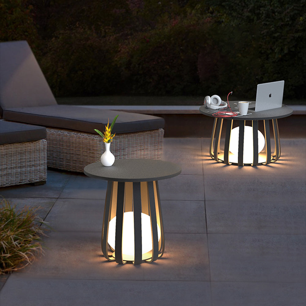 Black Solar Floor Lamp with Table Design – Metal Outdoor Lighting