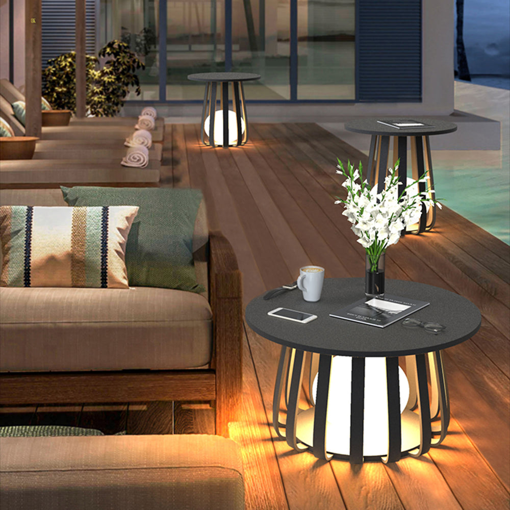 Black Solar Floor Lamp with Table Design – Metal Outdoor Lighting