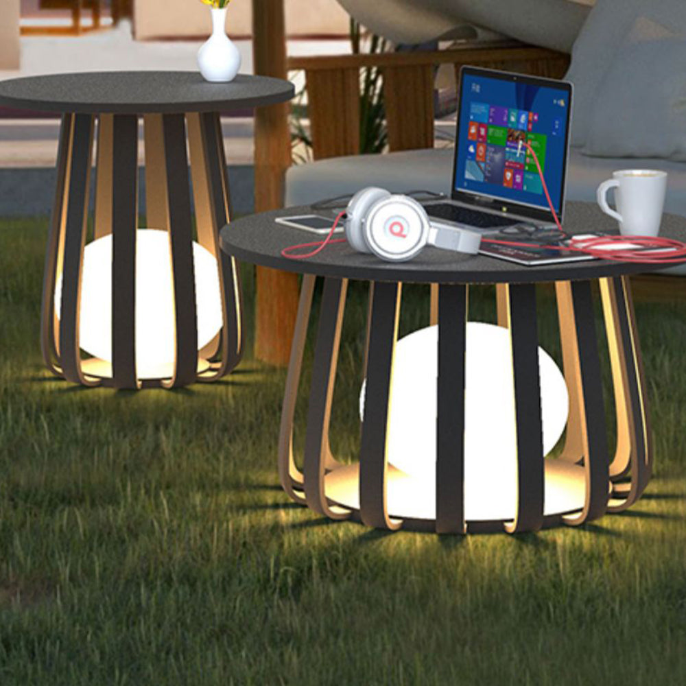 Black Solar Floor Lamp with Table Design – Metal Outdoor Lighting