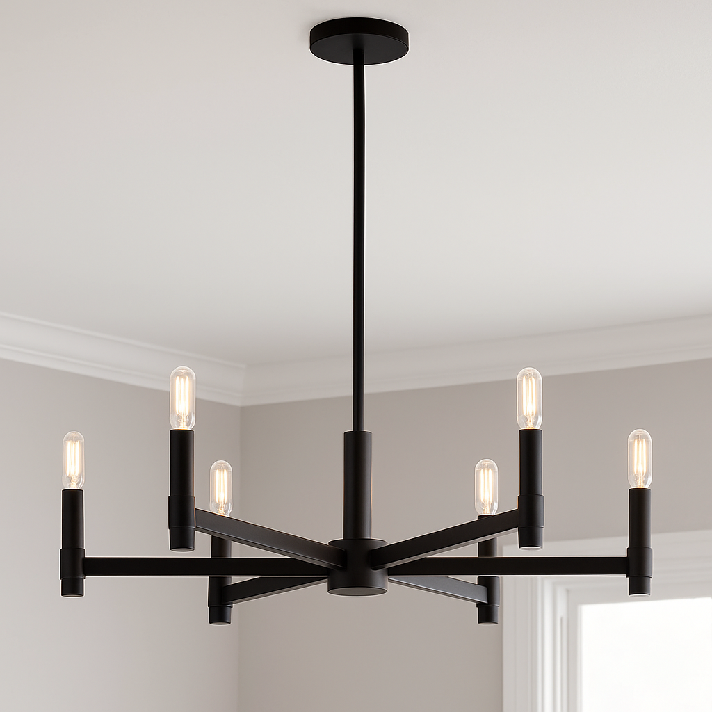 Industrial pendant lamp with six arms in a round arrangement