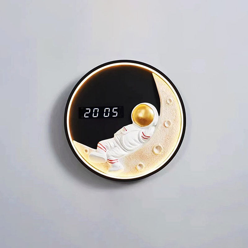 Futuristic LED Wall Light Moon & Astronaut Design with Integrated Clock