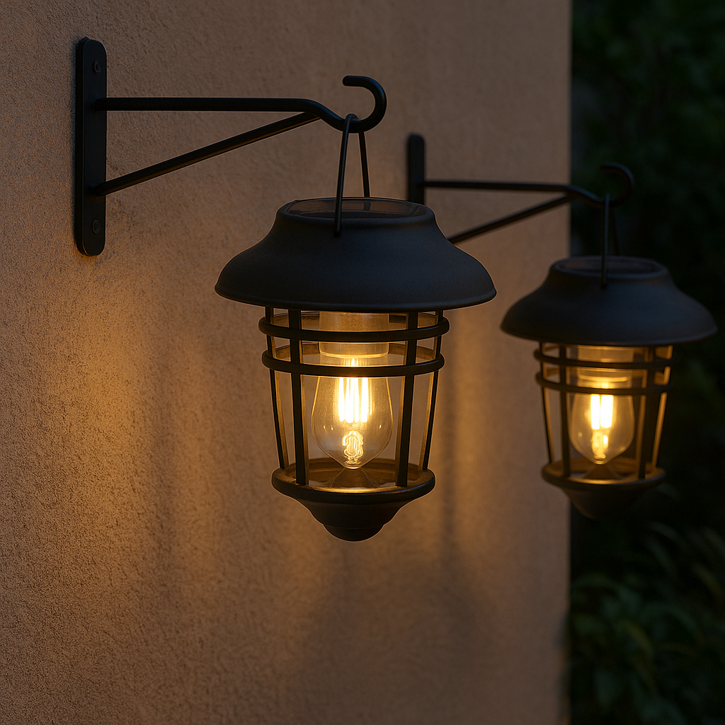 Set solar-powered lanterns with hook attachment
