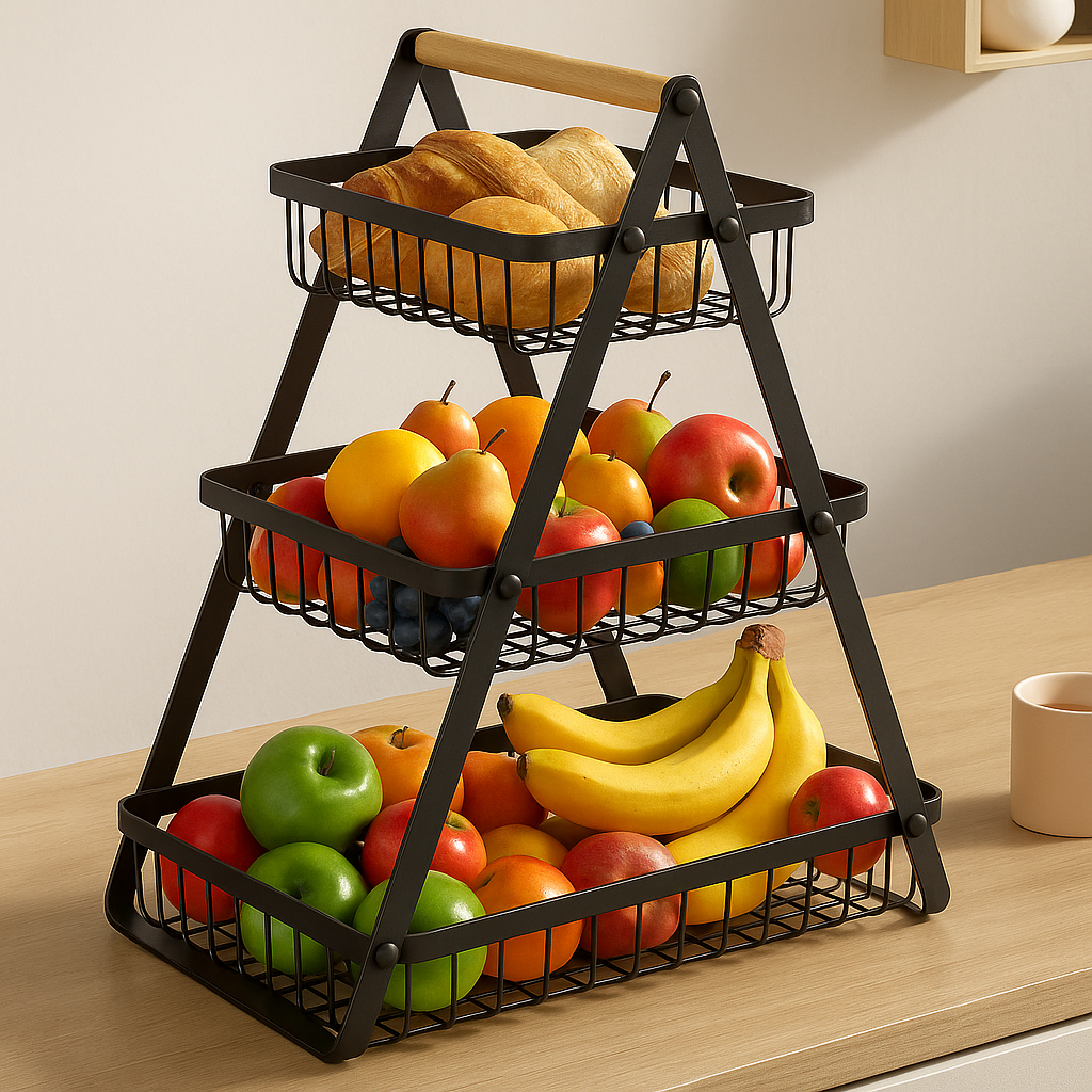 Fruitcascade 3-layer metal fruit basket with wooden handle