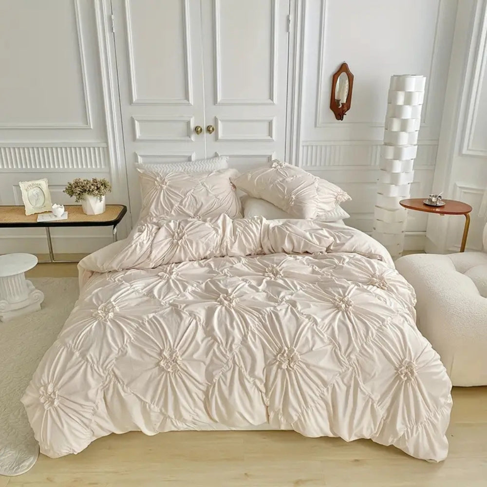 Ruffle Flower Quilt Cover Set Elegant Pinch-Pleated Bedding with Pillowcases