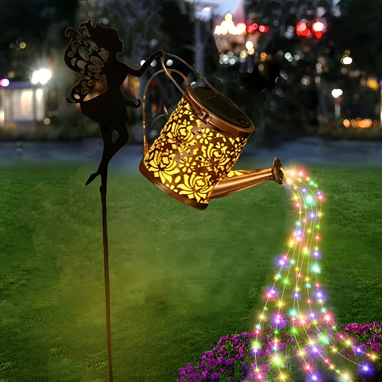 Sun lamp watering can with fairy light – angel design, waterfall garland & automatic sensor