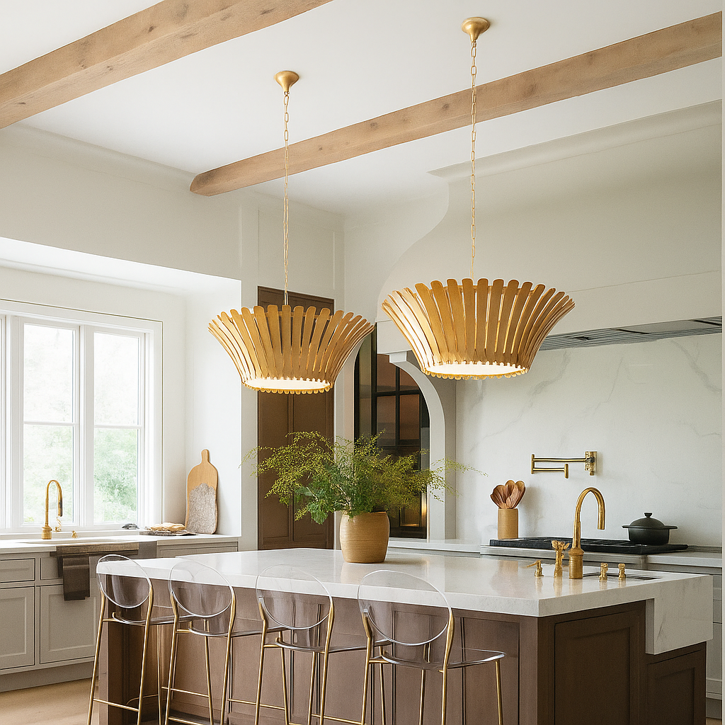 Pendant lamp with central diffuser and metal leaf design
