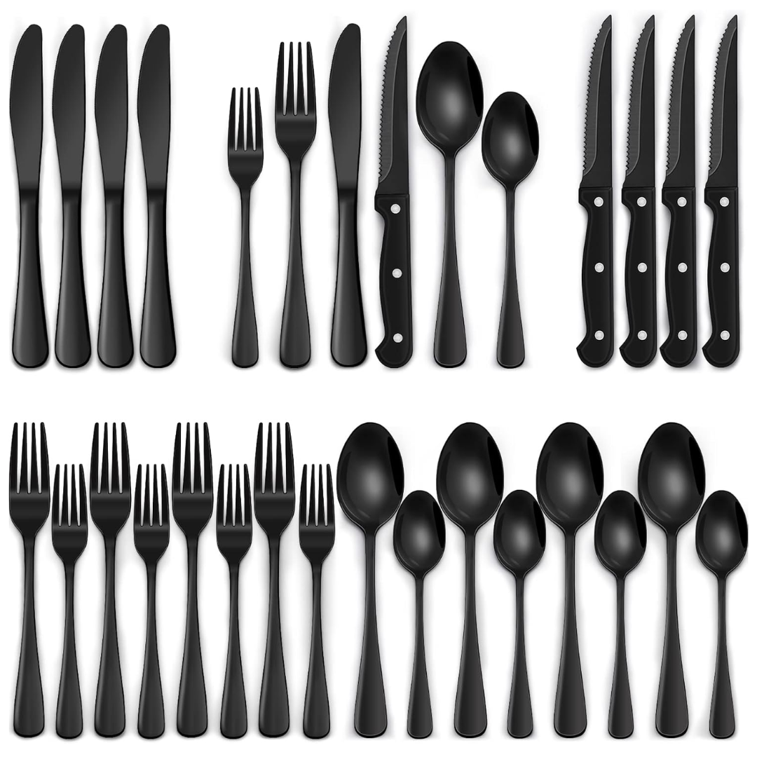 24-Piece Black Cutlery Set for Everyday Dining