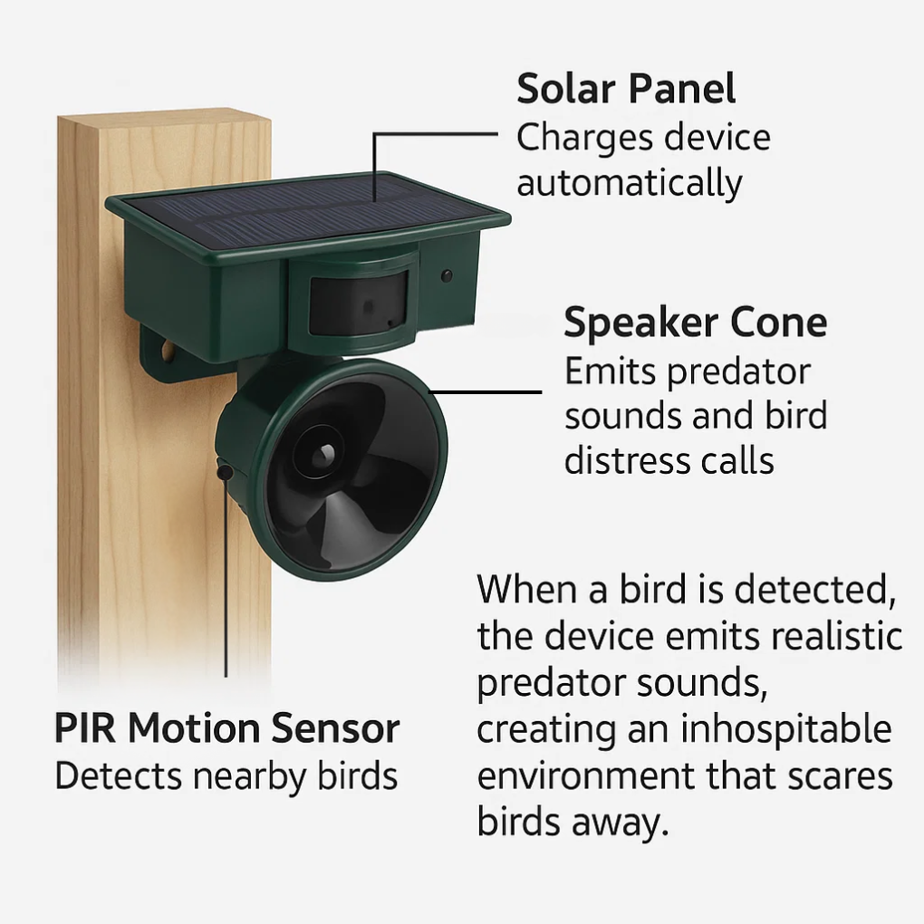 Solar Motion Bird Scarer Intelligent Sound & Ultrasonic Deterrent for Pigeons and Crows