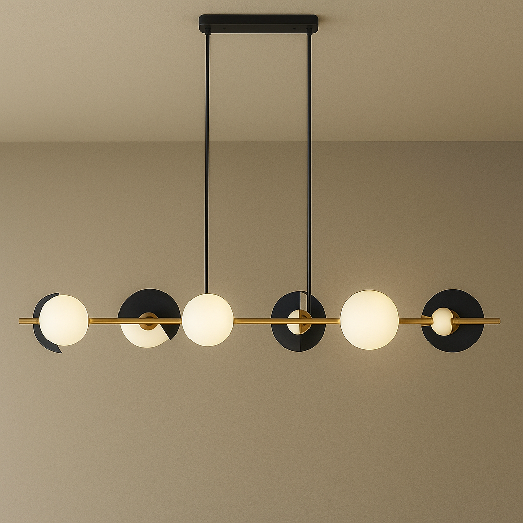 Caelum linear pendant lamp with graphic sphere accents