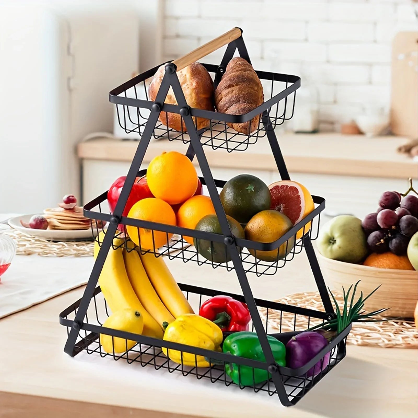 Fruitcascade 3-layer metal fruit basket with wooden handle