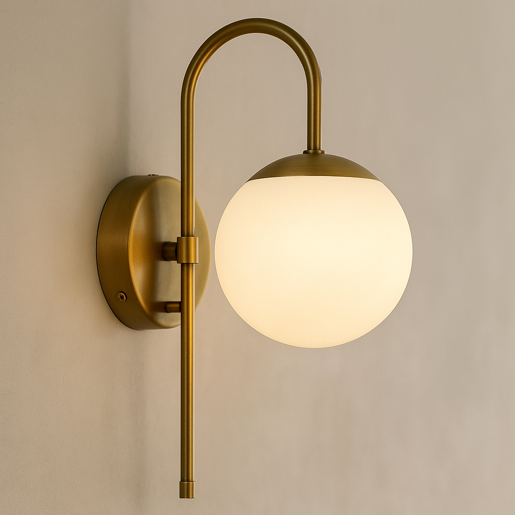 Wall lamp with curved arm and frosted glass globe