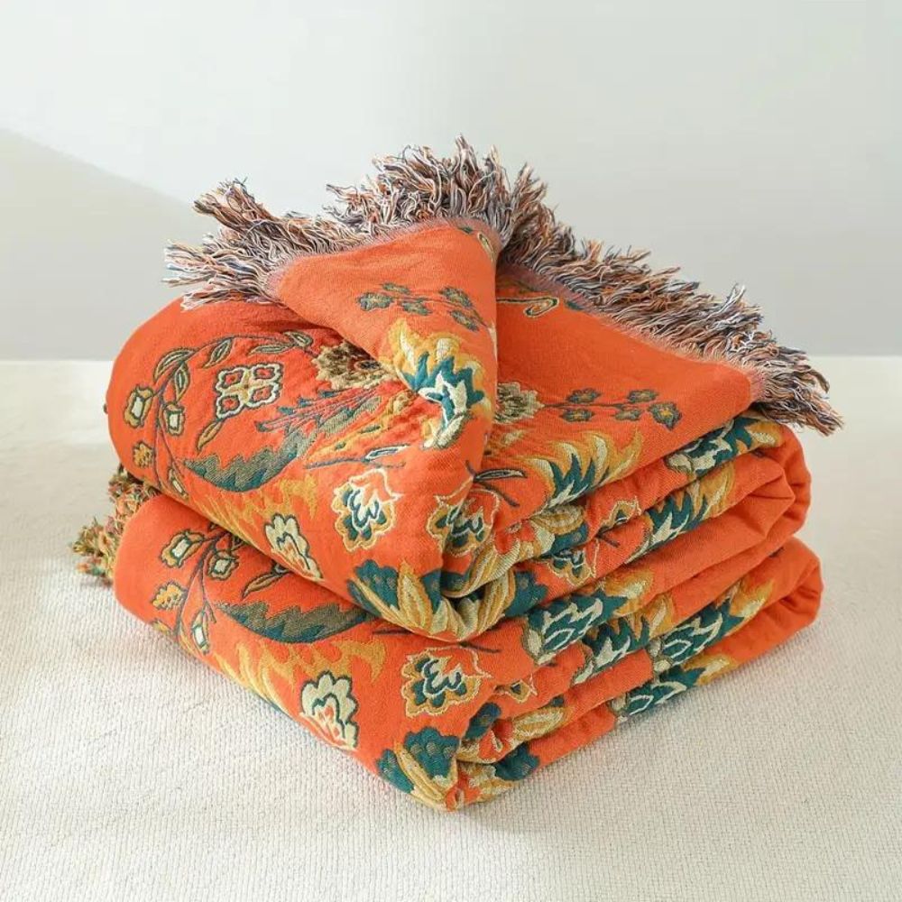Marigold Reversible Throw Blanket Floral Orange & Teal Sofa and Travel Blanket