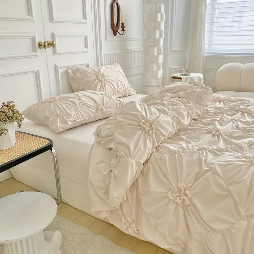 Ruffle Flower Quilt Cover Set Elegant Pinch-Pleated Bedding with Pillowcases