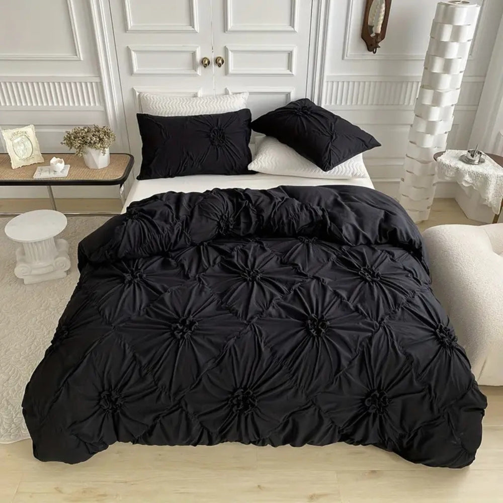 Ruffle Flower Quilt Cover Set Elegant Pinch-Pleated Bedding with Pillowcases