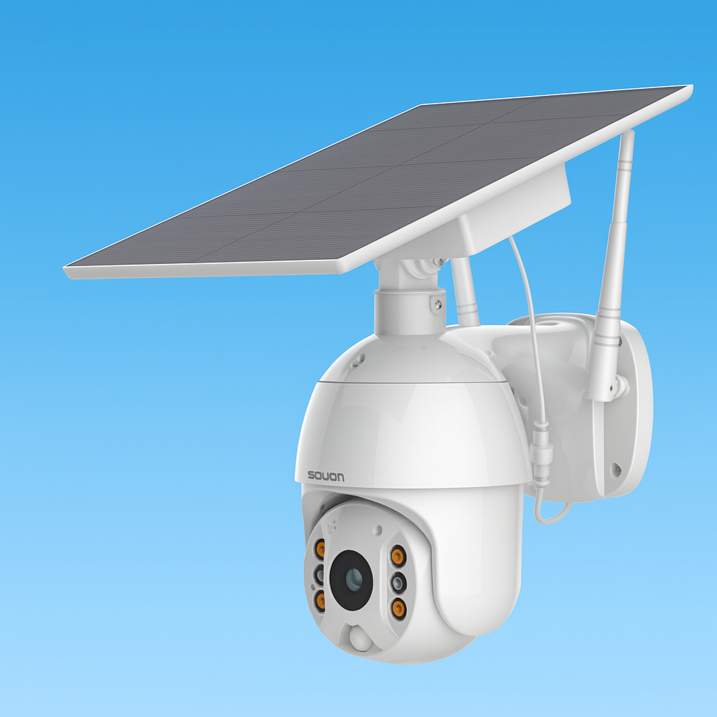 Wireless outdoor camera with solar panel and 360° rotation